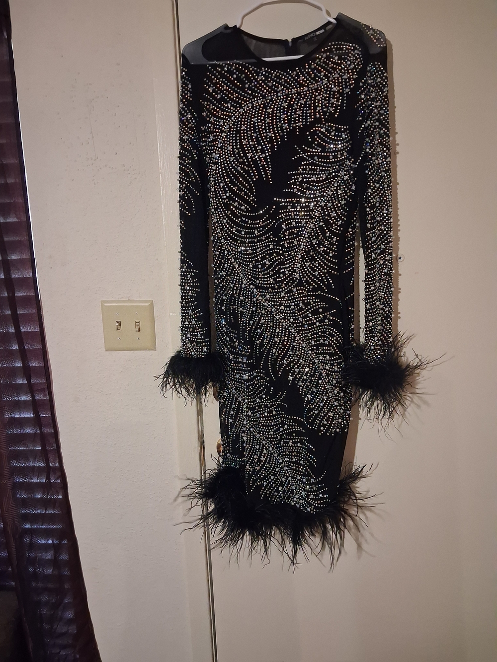 Fashion Nova Black Beaded Feather-Trim Long Sleeve Dress Size Xl